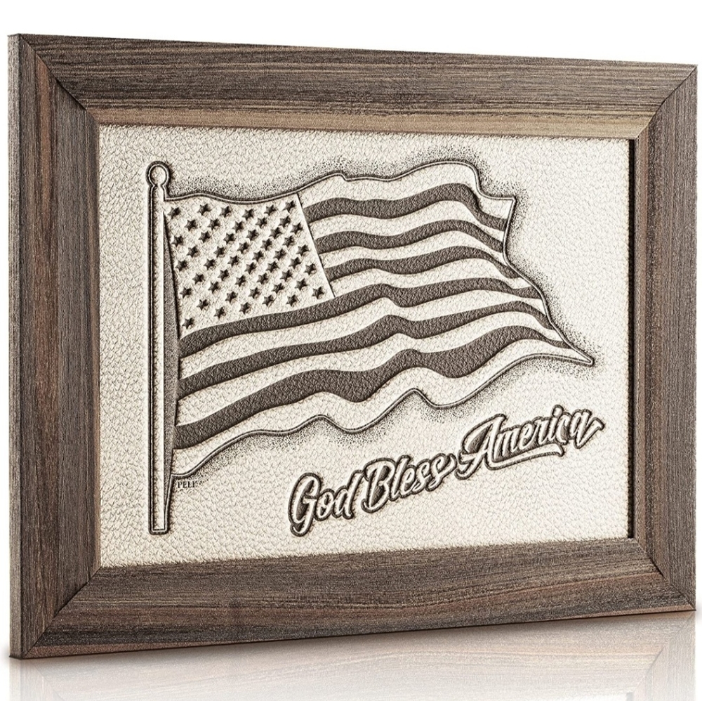 Framed American Flag. Wood Framed Embossed Leather USA Flag. New in Box.